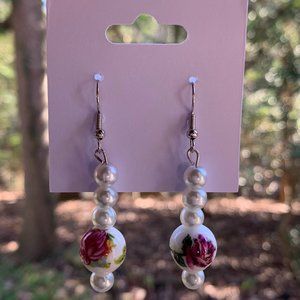 Handmade Pearl Ceramic Floral Bead Earrings